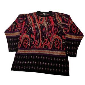 Vtg 90s Silver Threads Abstract Knit Sweater Sz Large Coogi Style Indie Retro 3D
